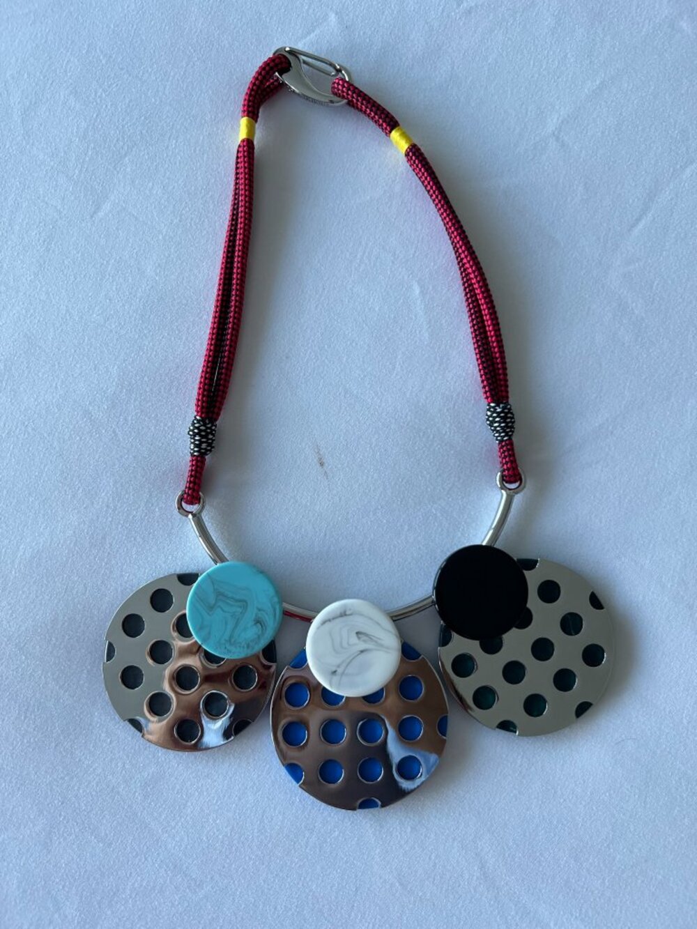 Modernist Statement Choker Necklace Perforated Discs Marble Resin Red Cord
